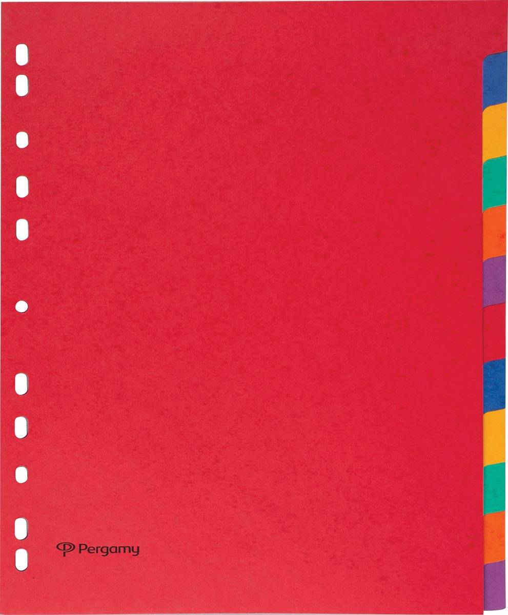 Pergamy tabbladen ft A4 maxi, 11-gaatsperforatie, stevig karton, geassorteerde kleuren, 12 tabs