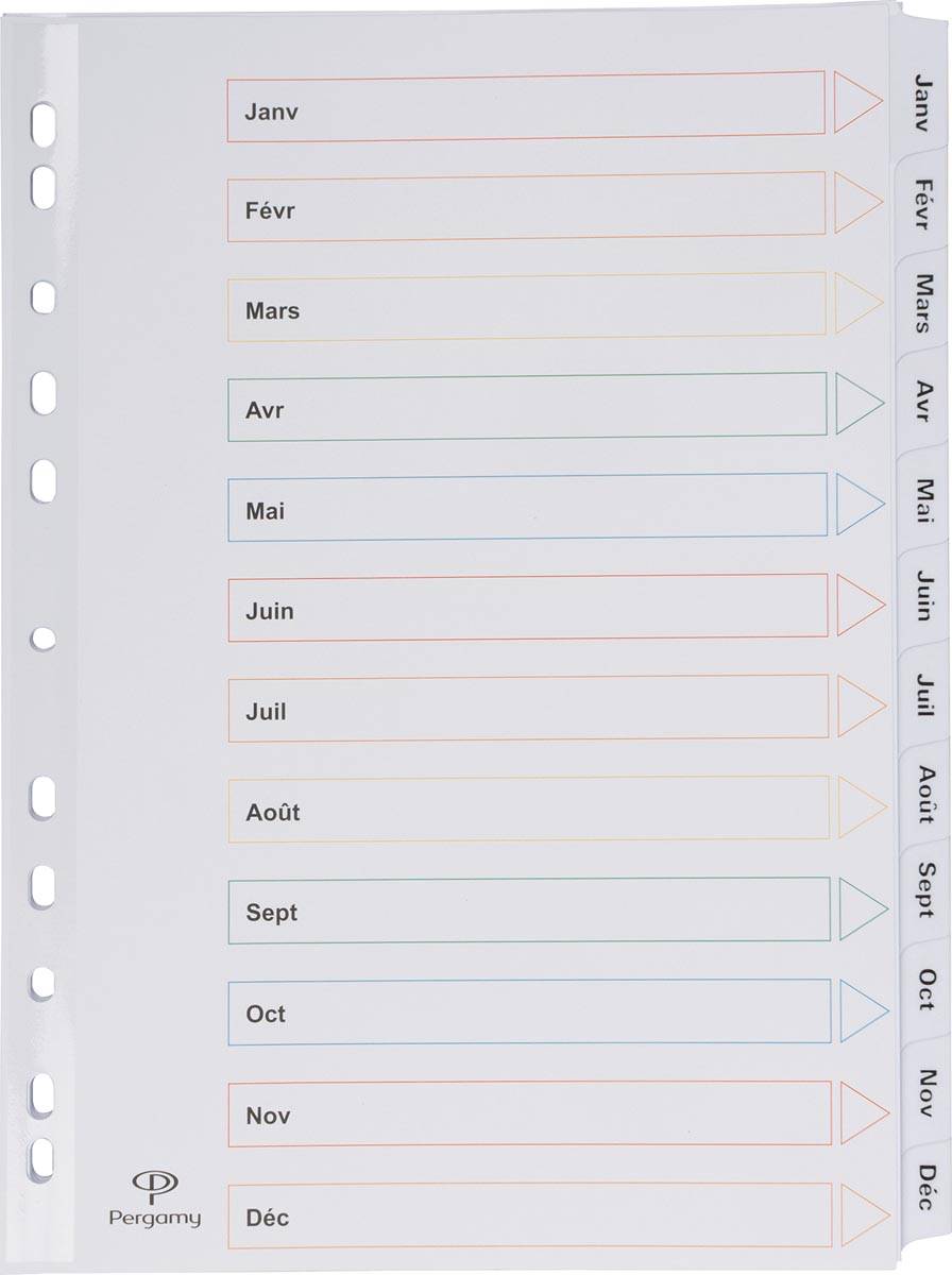 Pergamy tabbladen met indexblad, ft A4, 11-gaatsperforatie, janvier-décembre