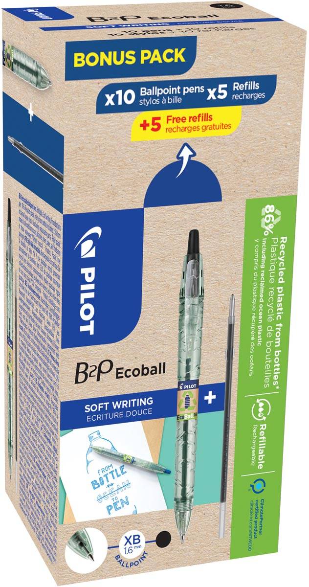 Pilot Ecoball B2P BeGreen balpen, large, zwart, doos van 10 stuks + 10 navullingen