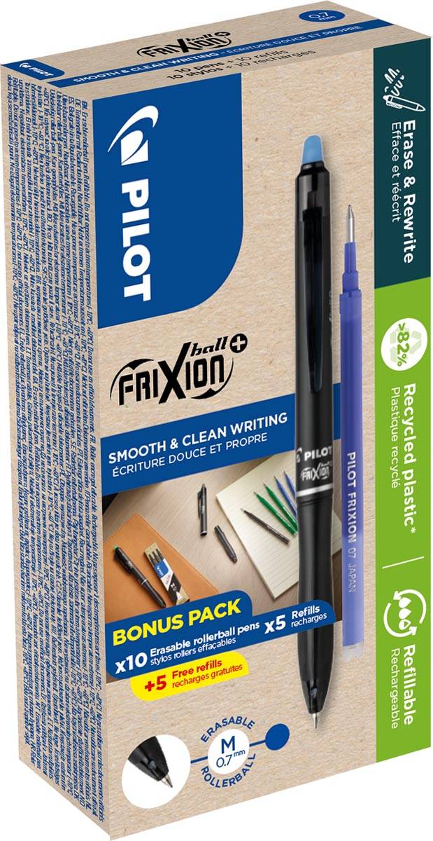 Pilot FriXion Ball Plus roller, medium, blauw, doos van 10 stuks + 10 navullingen