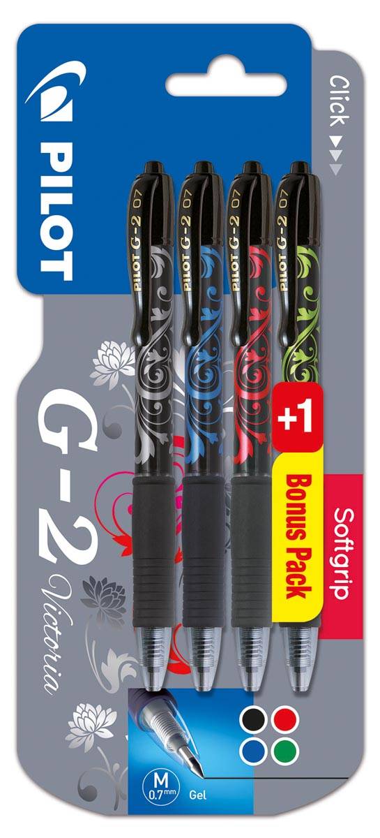 Pilot gelroller G-2 medium, blister van 4 stuks (3 + 1 GRATIS) in geassorteerde kleuren