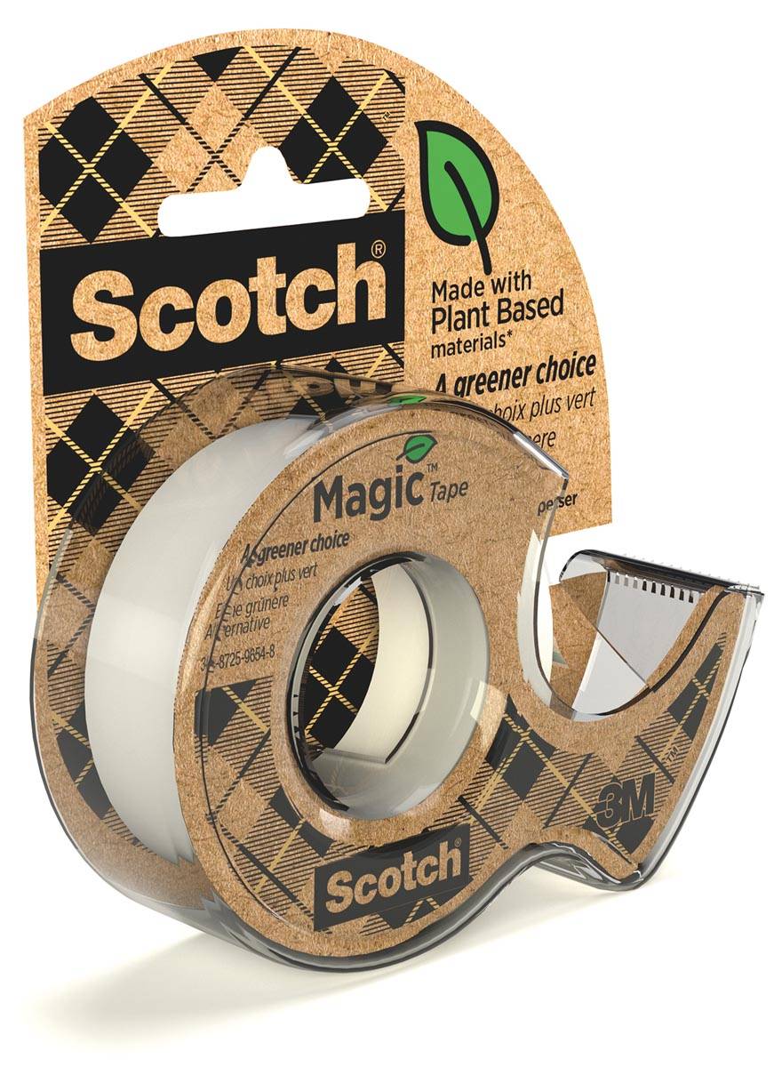 Plakband Magic Tape A greener choice ft 19 mm x 15 m, op dispenser van 100 % gerecycleerd plastic