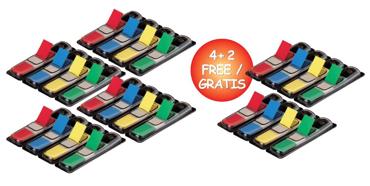 Post-it Index Smal, ft 11,9 x 43,2 mm, blister met 4 kleuren, 35 tabs per kleur, 4 + 2 blisters gratis