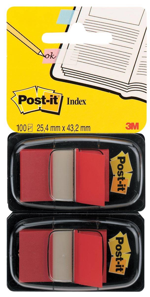 Post-it index standaard, ft 24,4 x 43,2 mm, houder met 2 x 50 tabs, rood