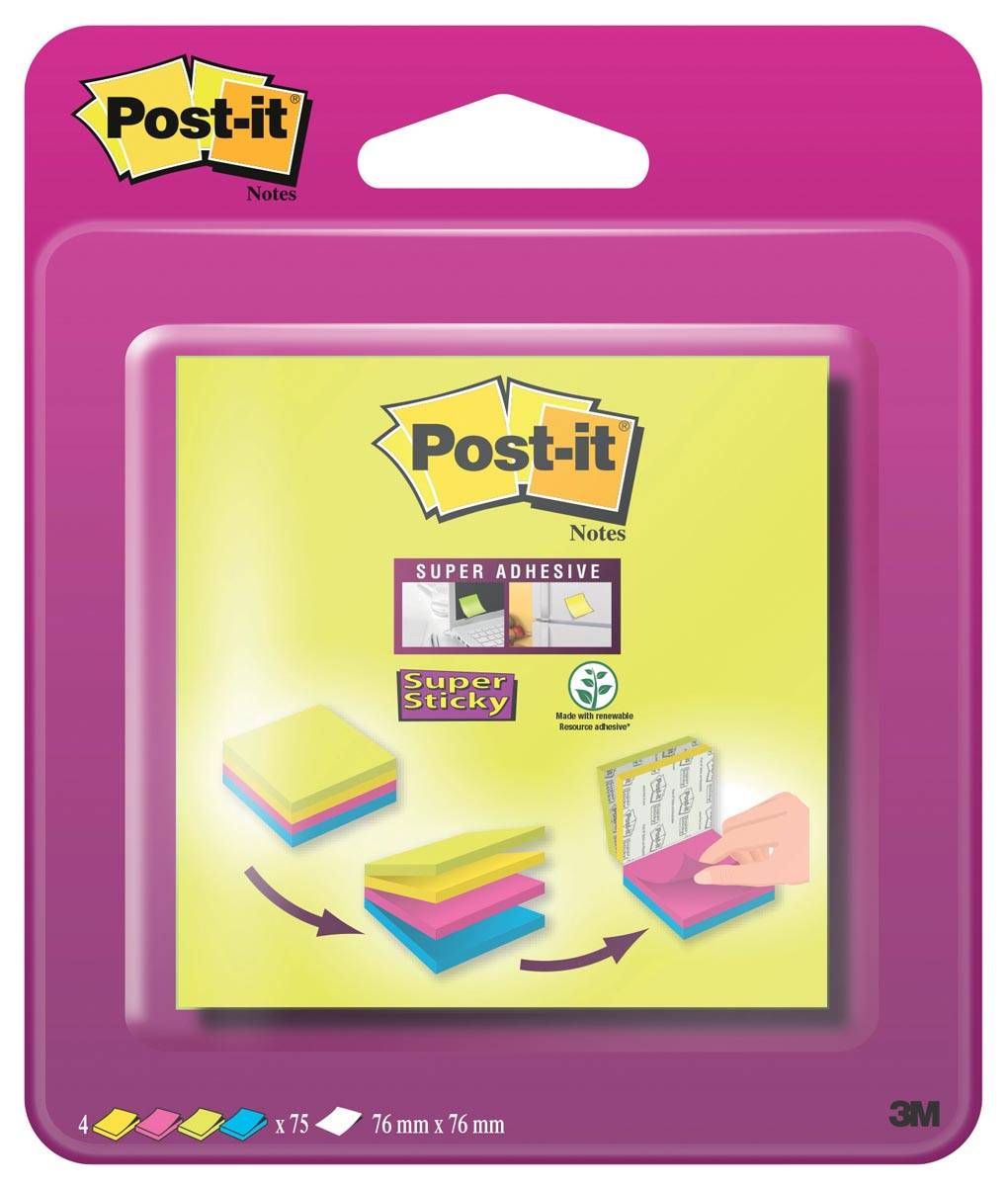 Post-it Super Sticky notes, 75 vel, ft 76 x 76 mm, blister van 4 blokken, geassorteerde kleuren