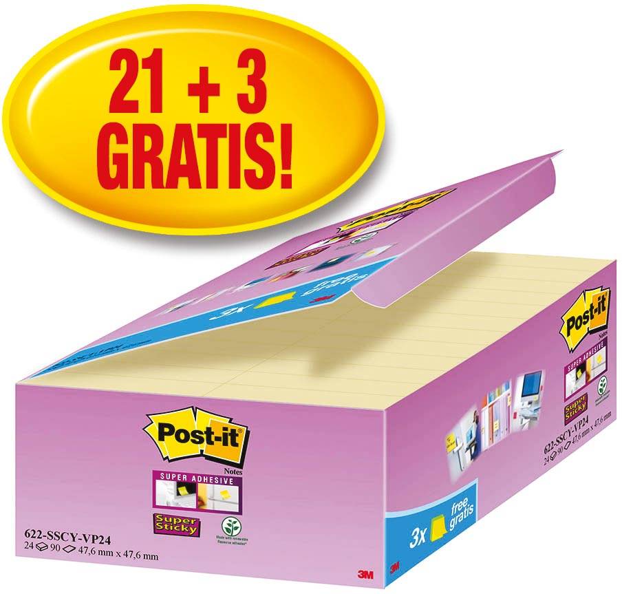 Post-it Super Sticky notes, 90 vel, ft 47,6 x 47,6 mm, geel, pak van 21 + 3 GRATIS