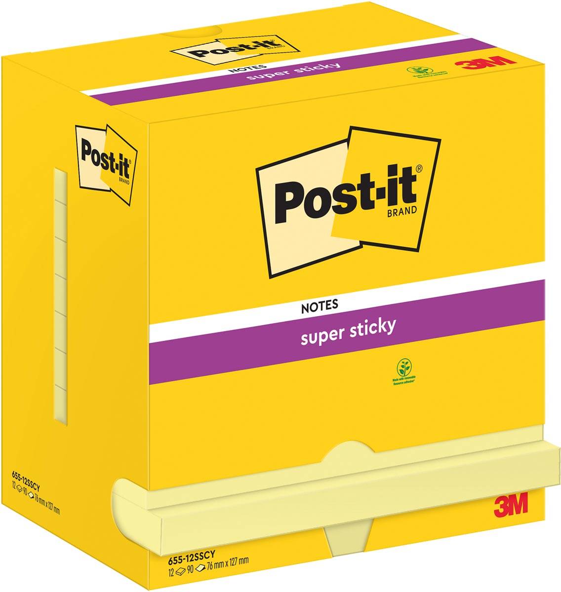 Post-It Super Sticky Notes, 90 vel, ft 76 x 127 mm, geel, pak van 12 blokken