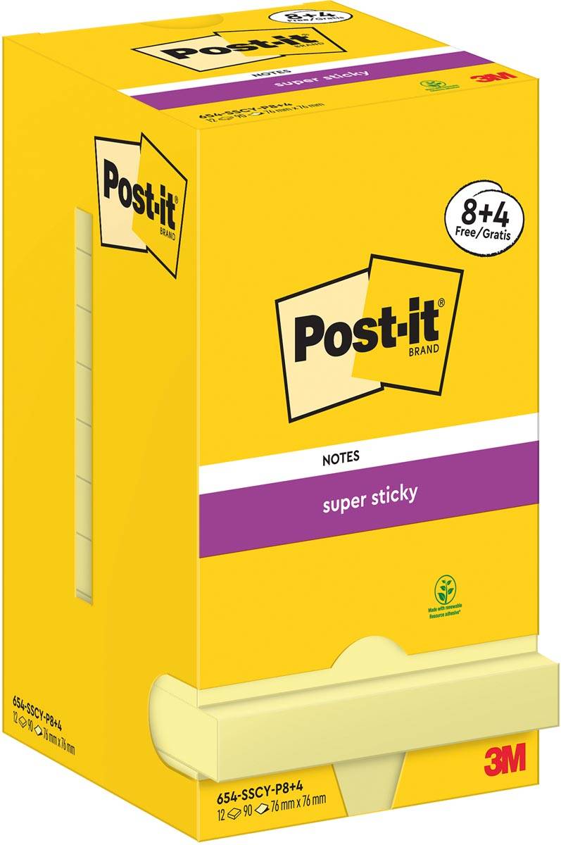 Post-It Super Sticky Notes, 90 vel, ft 76 x 76 mm, geel, 8 + 4 GRATIS
