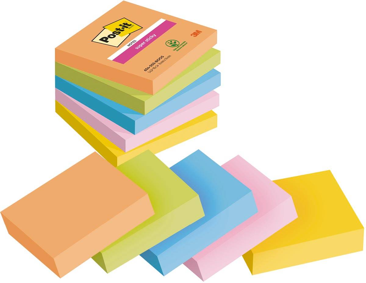 Post-it Super Sticky notes Boost, 90 vel, ft 76 x 76 mm, geassorteerde kleuren, pak van 5 blokken