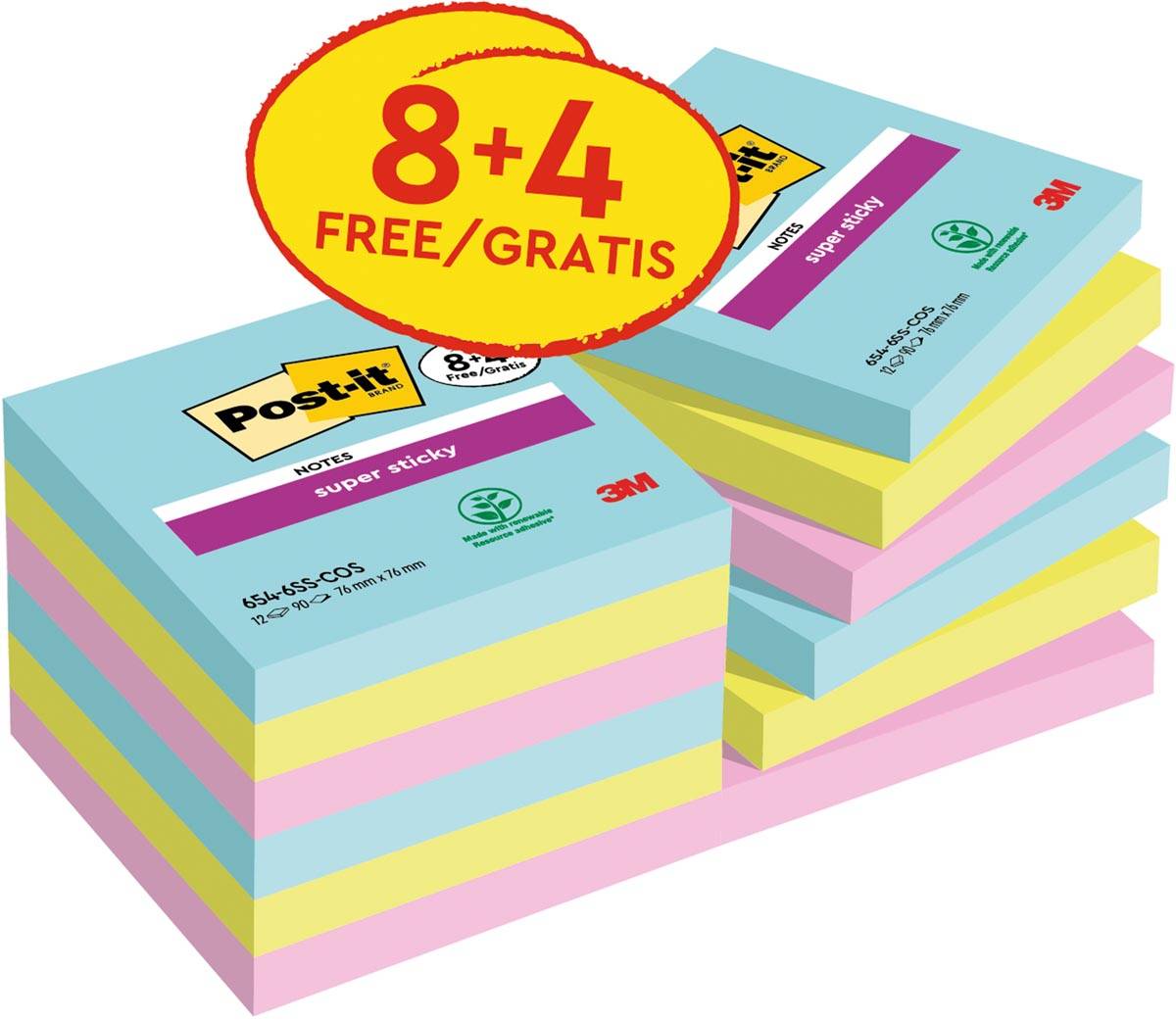 Post-It Super Sticky Notes Cosmic, 90 vel, ft 76 x 76 mm, 8 + 4 GRATIS