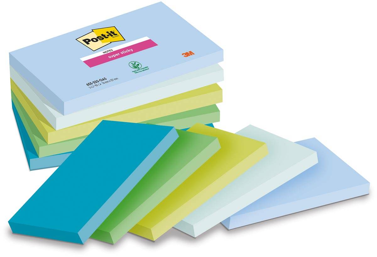 Post-it Super Sticky notes Oasis, 90 vel, ft 76 x 127 mm, geassorteerde kleuren, pak van 5 blokken