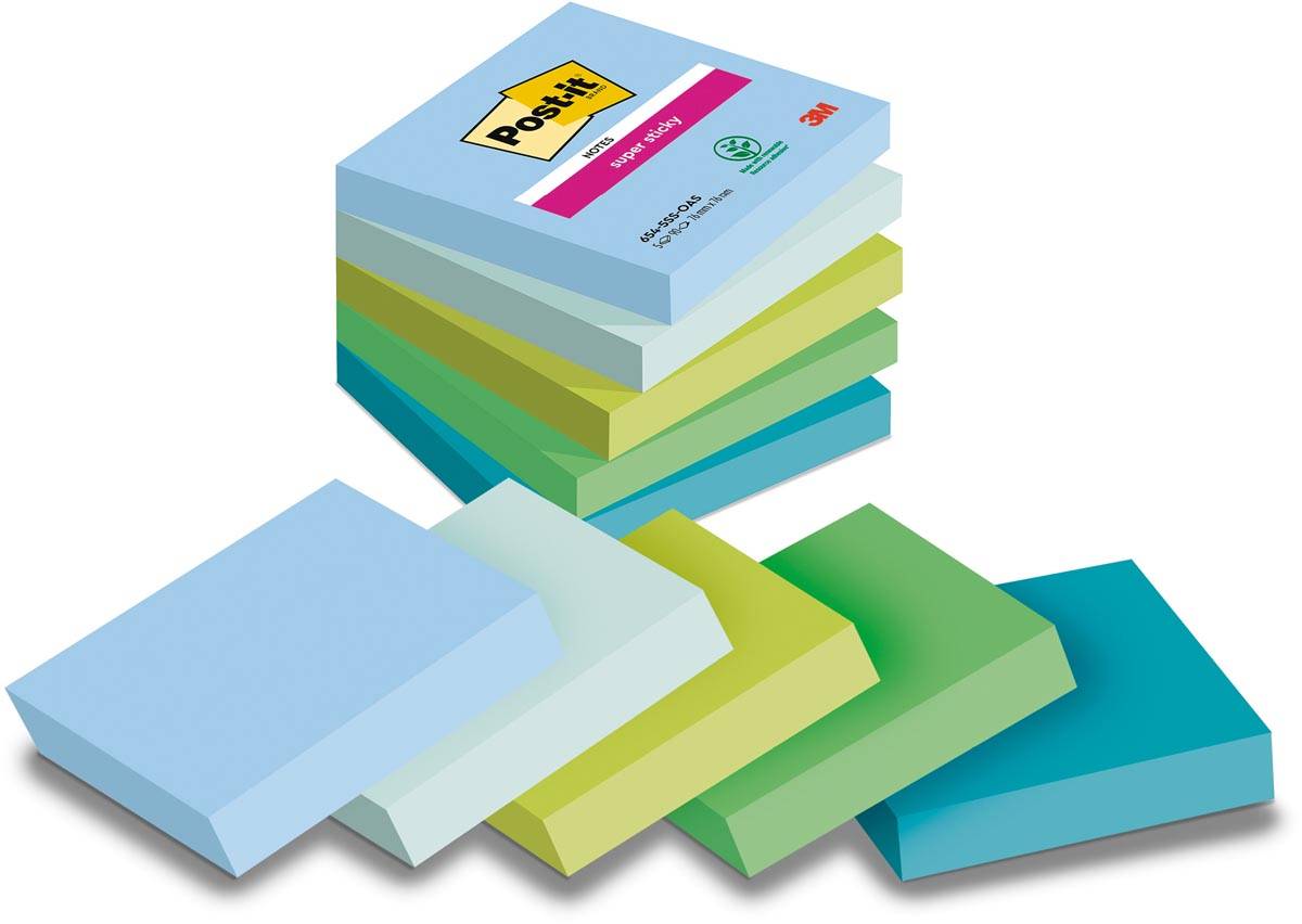 Post-it Super Sticky notes Oasis, 90 vel, ft 76 x 76 mm, geassorteerde kleuren, pak van 5 blokken