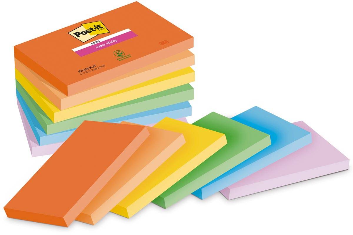 Post-it Super Sticky notes Playful, 90 vel, ft 76 x 127 mm, geassorteerde kleuren, pak van 6 blokken