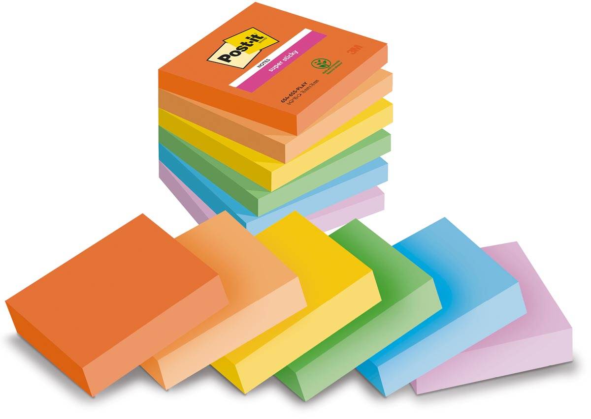Post-it Super Sticky Notes Playful, 90 vel, ft 76 x 76 mm, geassorteerde kleuren, pak van 6 blokken