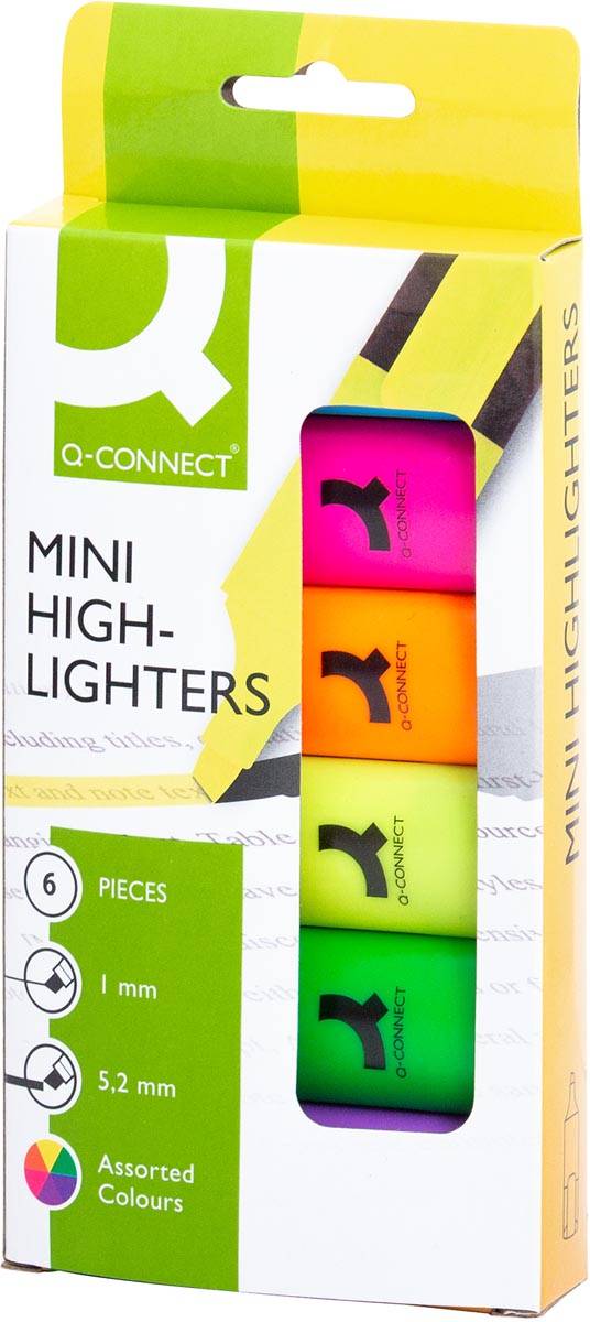 Q-CONNECT markeerstift mini, doosje van 6 verschillende kleuren