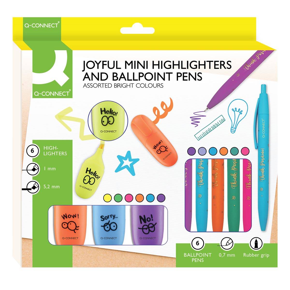 Q-CONNECT Think Positive 6 balpennen met 6 mini-markeerstiften, geassorteerde kleuren