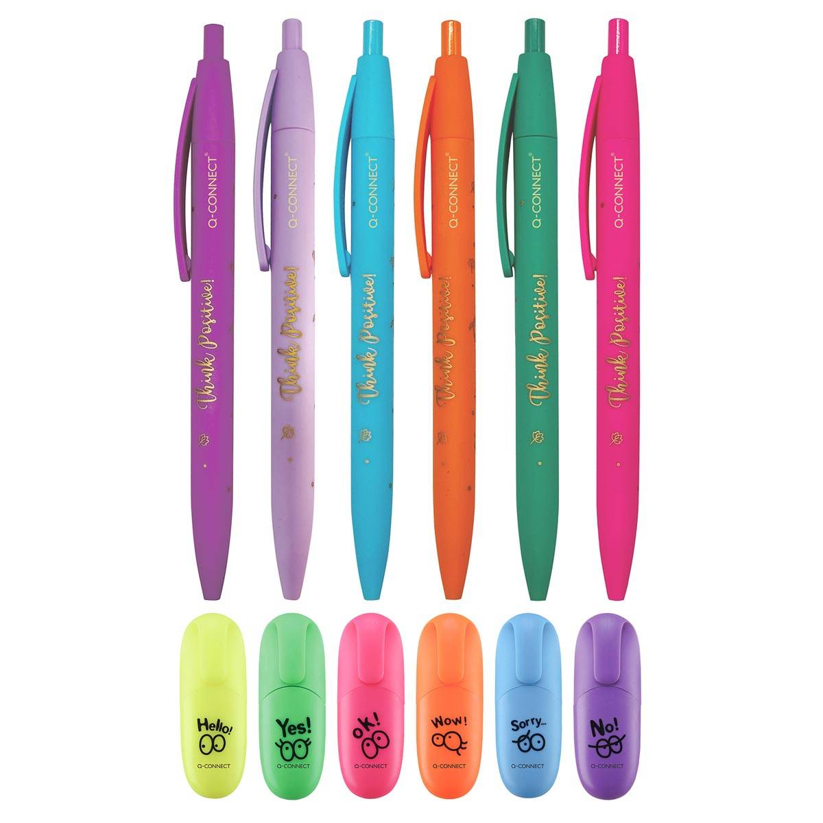 Q-CONNECT Think Positive 6 balpennen met 6 mini-markeerstiften, geassorteerde kleuren