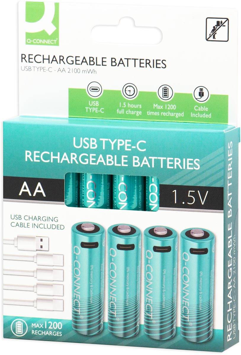 Q-CONNECT USB-C herlaadbare batterijen AA, blister van 4 stuks