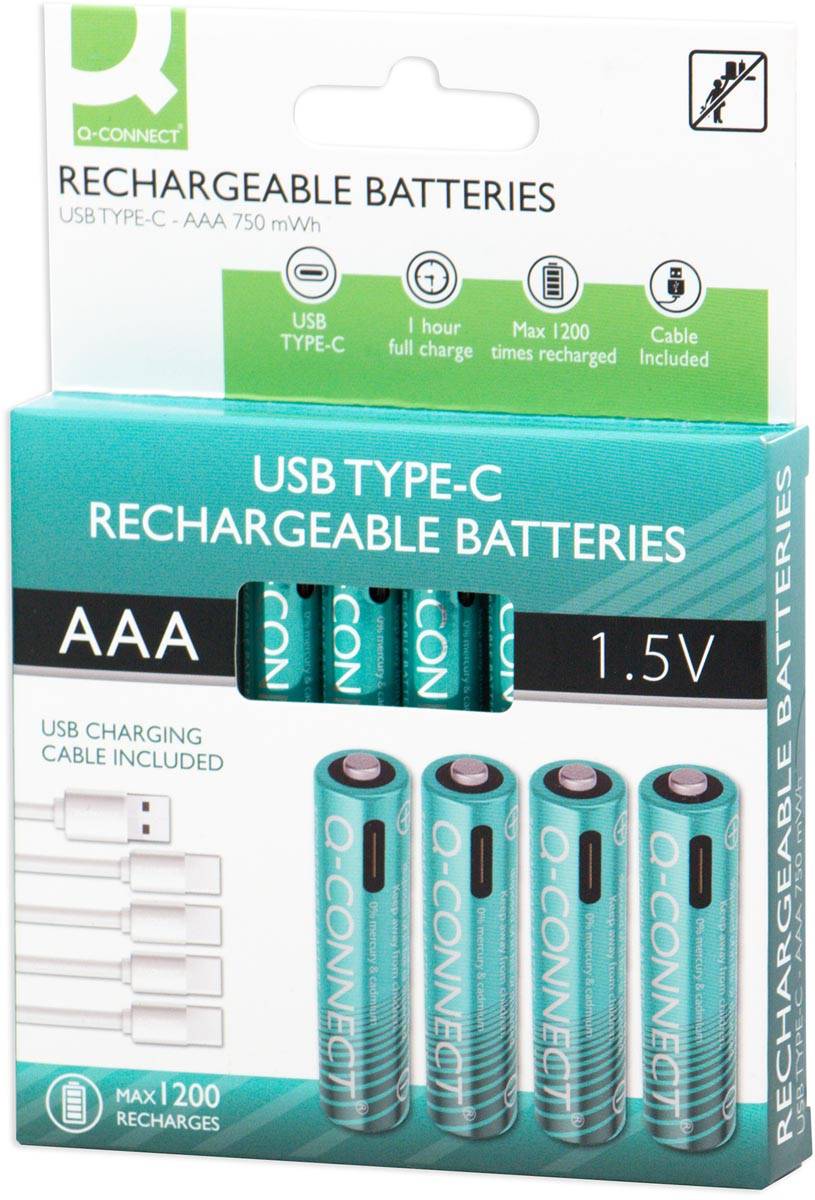 Q-CONNECT USB-C herlaadbare batterijen AAA, blister van 4 stuks