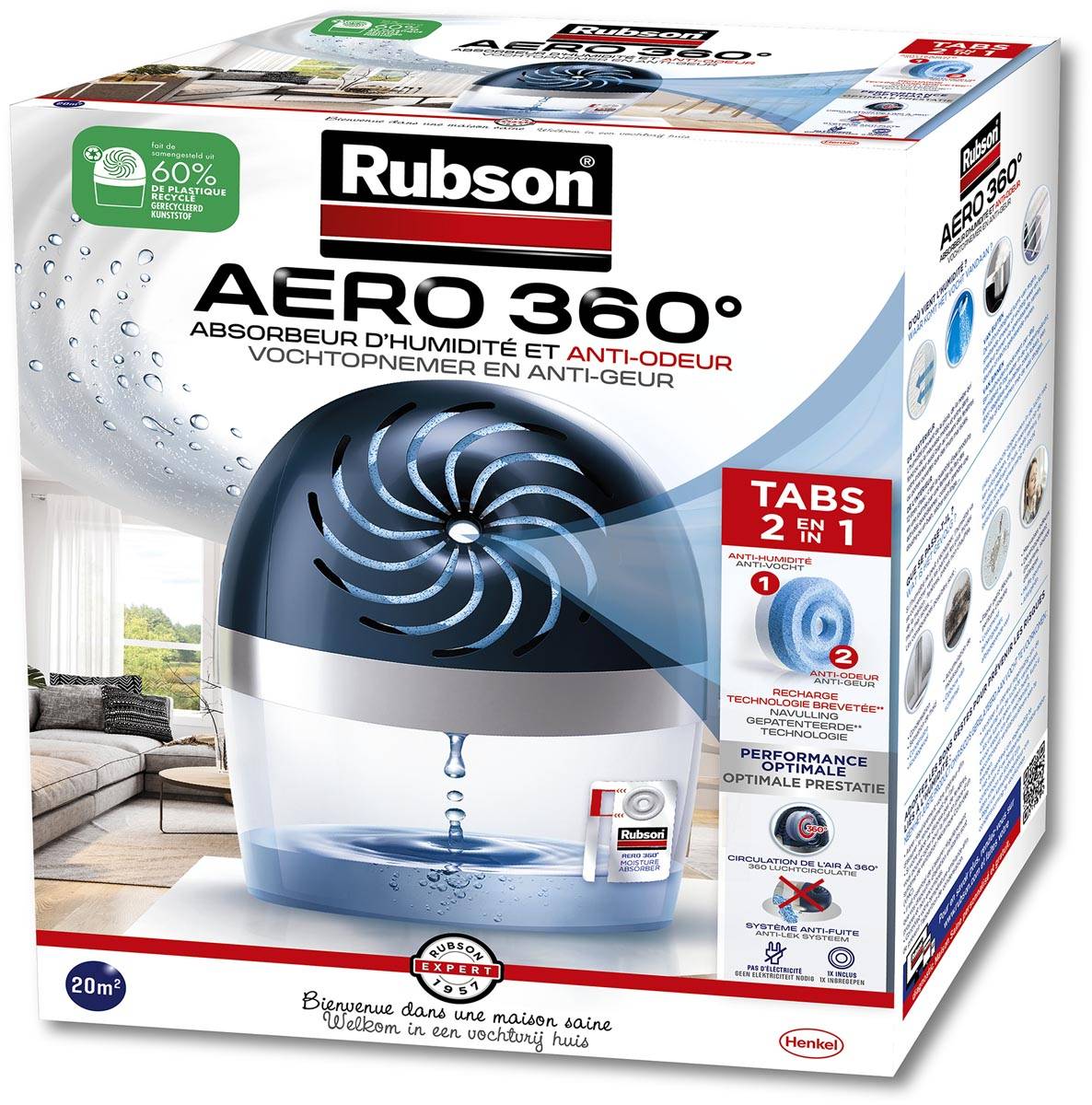Rubson navulbare ontvochtiger AERO 360, werkt met tabs van 450 gram