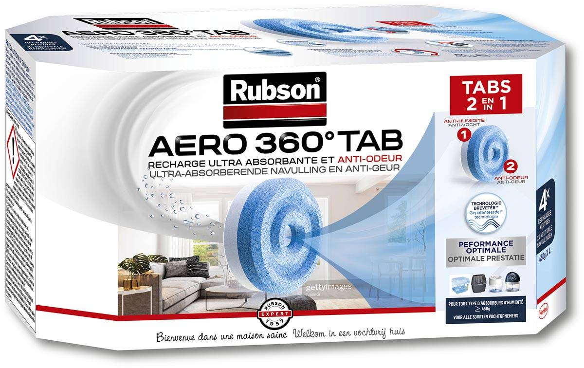 Rubson navulling voor ontvochtiger AERO 360, doos van 4 tabs van 450 gram, neutraal