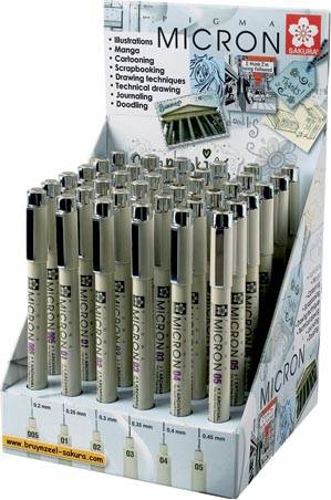 Sakura fineliner Pigma Micron zwart, display met 36 stuks met geassorteerde schrijfbreedtes