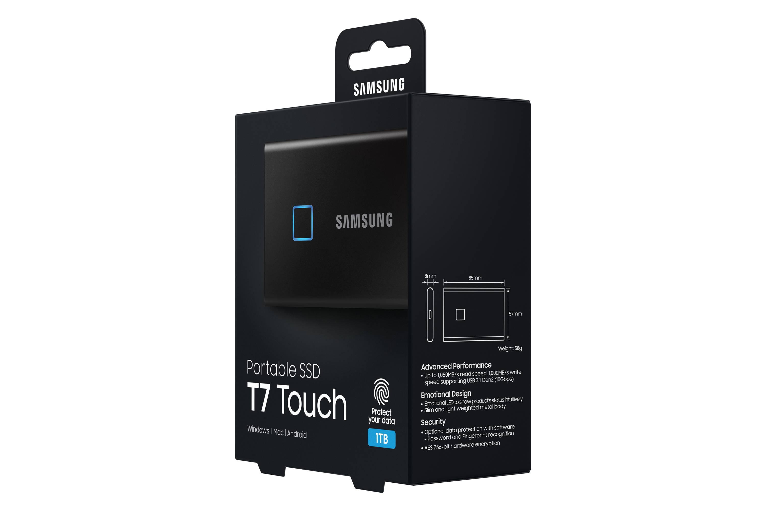 Samsung MU-PC1T0K, T7 Touch, 1000 GB, USB Type-C, 3.2 Gen 2 (3.1 Gen 2), 1050 MB/s, Wachtwoordbeveiliging, Zwart