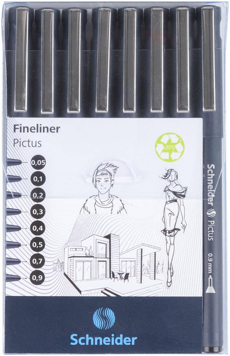 Schneider fineliner Pictus, etui van 8 stuks, zwart