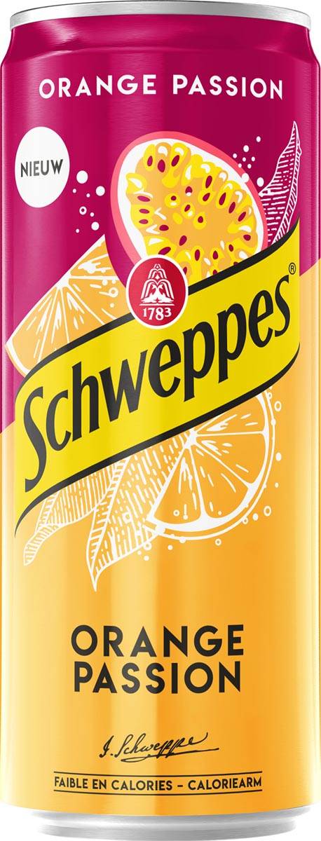 Schweppes Orange Passion frisdrank, sleek blik van 33 cl, pak van 24 stuks