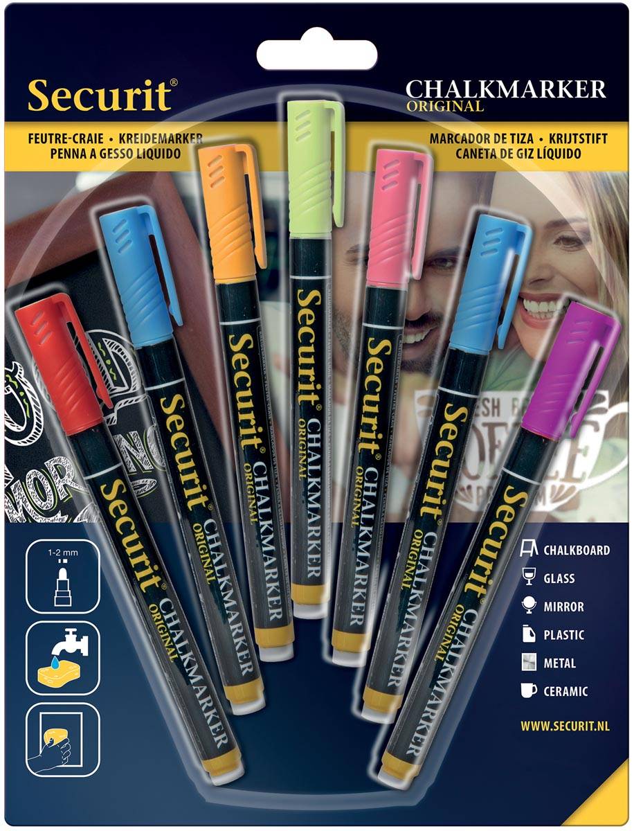 Securit krijtmarker small, blister met 7 stuks in geassorteerde kleuren