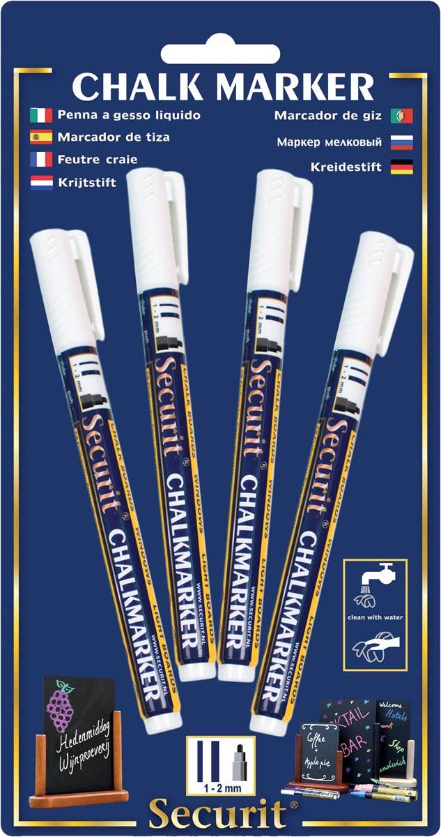 Securit krijtmarker small wit, blister met 4 stuks