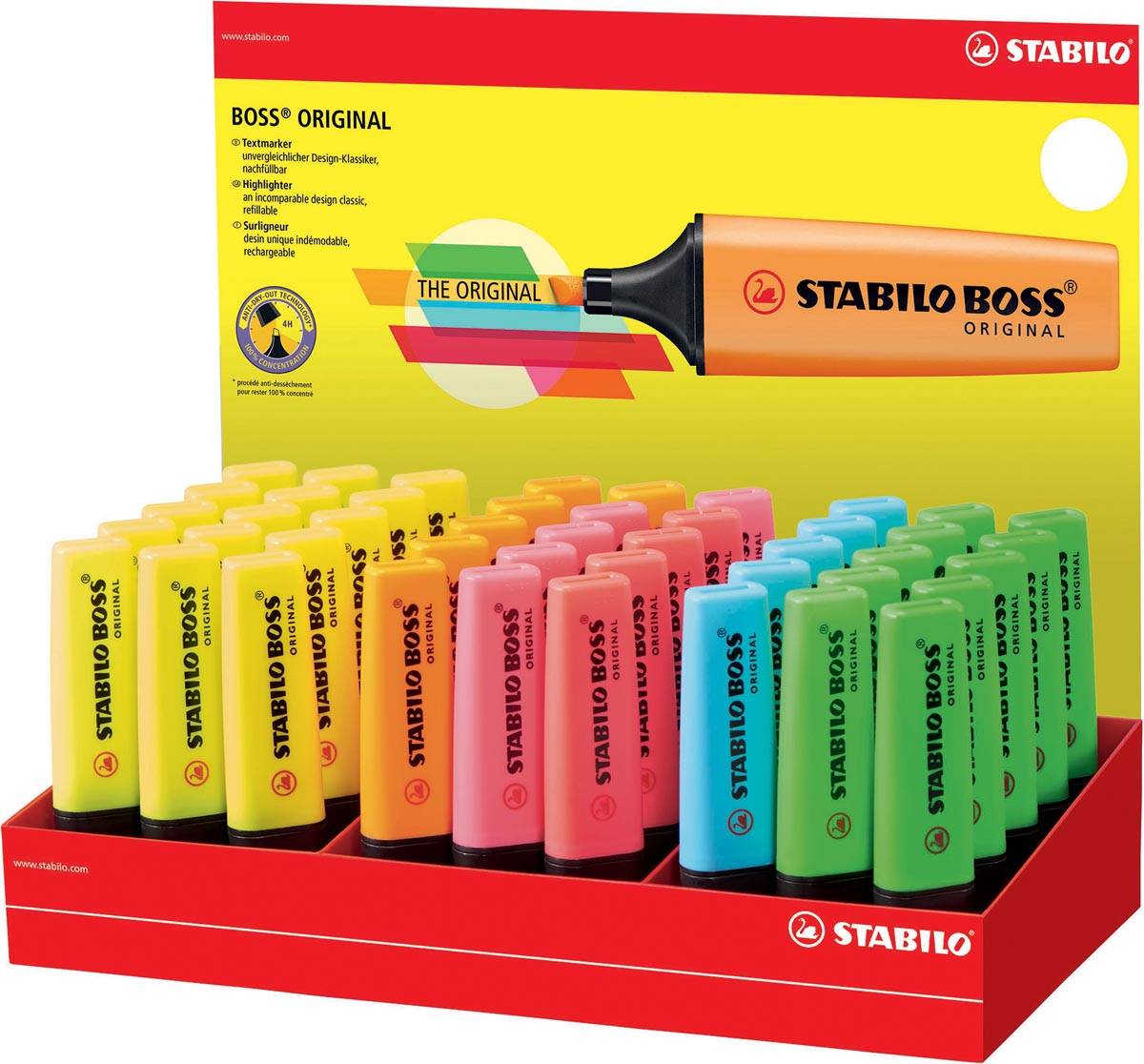 STABILO BOSS ORIGINAL markeerstift, display van 45 stuks in 6 geassorteerde kleuren