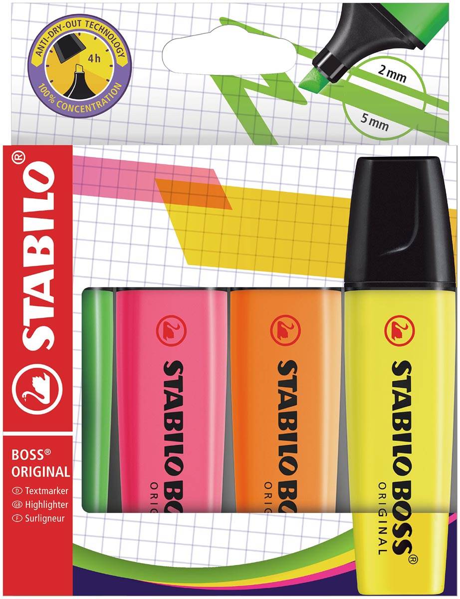 STABILO BOSS ORIGINAL markeerstift, kartonnen etui van 4 stuks in geassorteerde kleuren