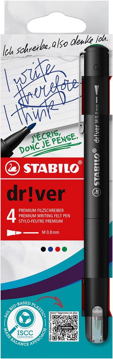 STABILO dr!ver fineliner, medium punt, geassorteerde kleuren, blister van 4 stuks