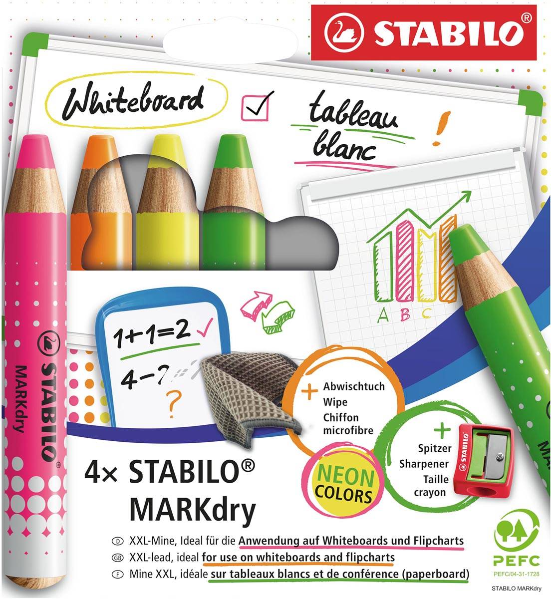 STABILO MARKdry potlood voor whiteboards, etui van 4 stuks in geassorteerde neon kleuren