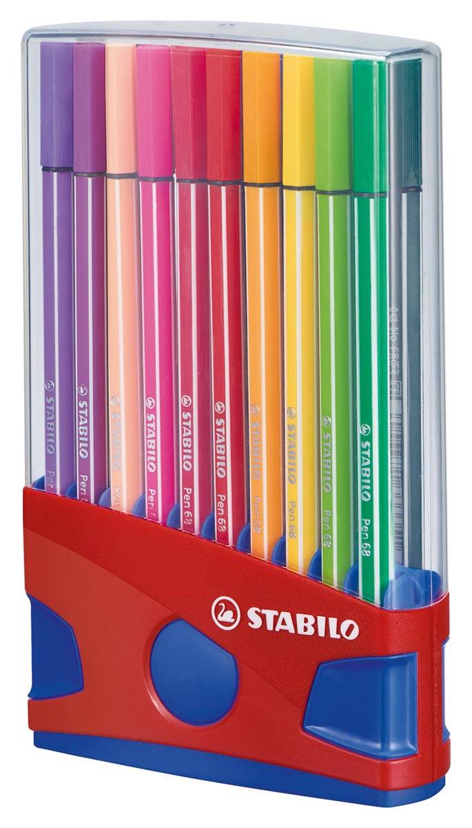 STABILO Pen 68 brush, ColorParade, rood-blauwe doos, 20 stuks in geassorteerde kleuren