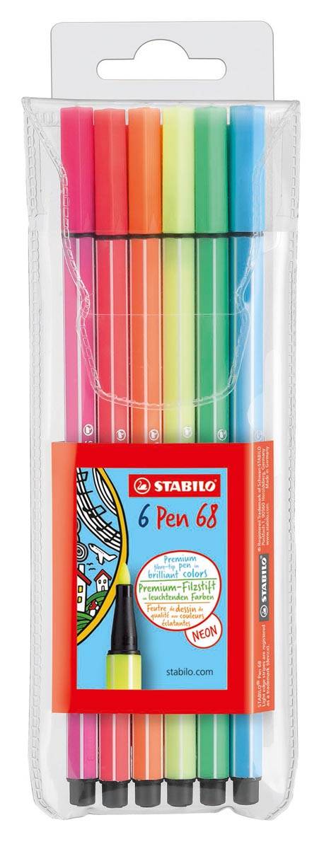 STABILO Pen 68 Neon, etui van 6 stiften in geassorteerde kleuren