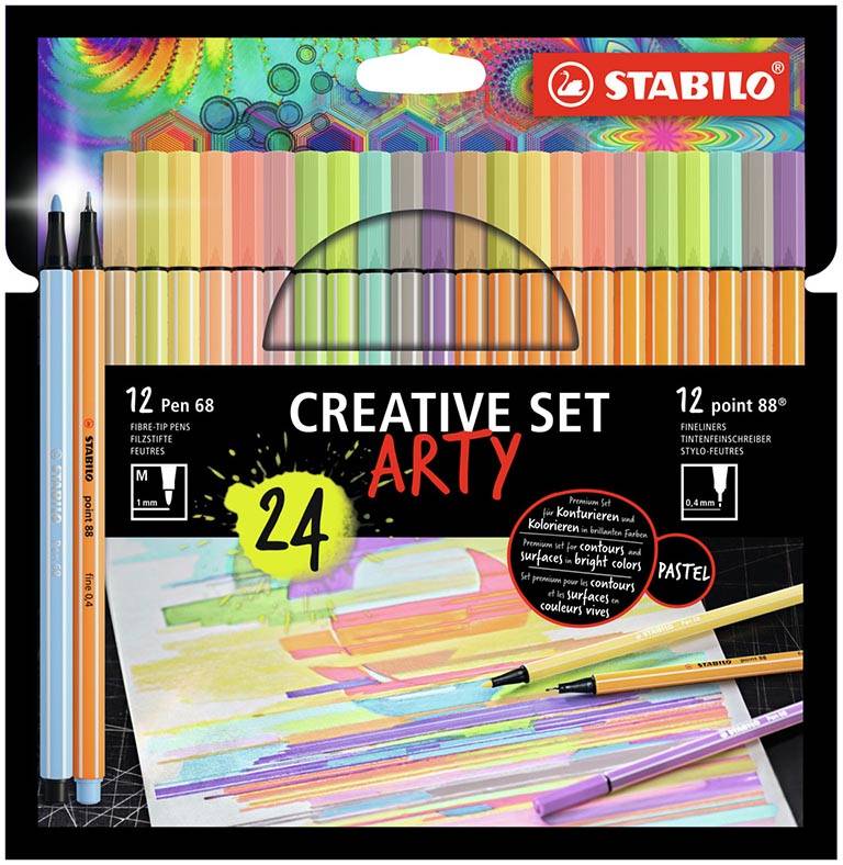 STABILO Pen 68 viltstift + Point 88 fineliner ARTY, etui van 24 stuks, assorti