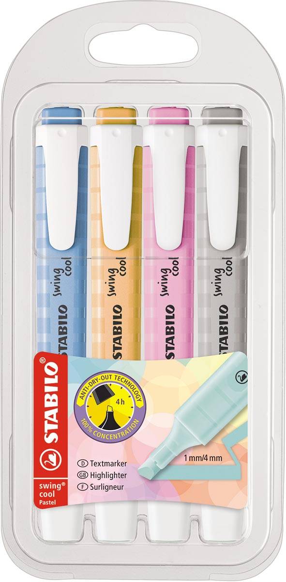 STABILO swing cool markeerstift pastel, etui van 4 stuks, assorti