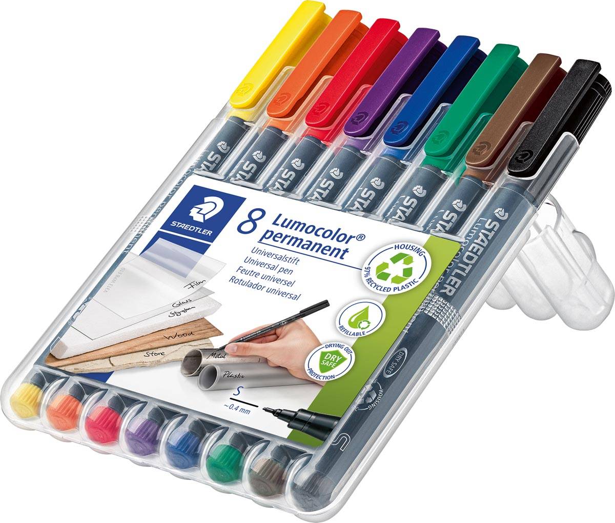 Staedtler Lumocoler 313, OHP-marker, permanent, 0,4 mm, etui van 8 stuks in geassorteerde kleuren