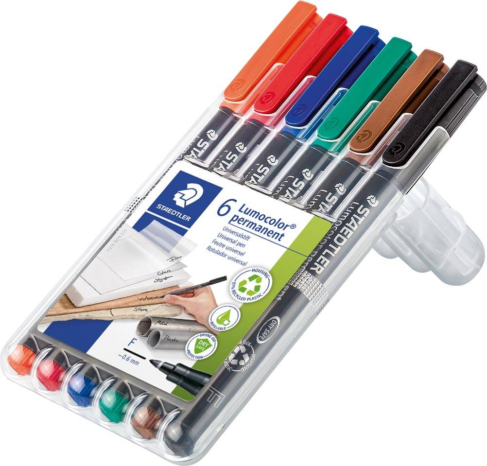 Staedtler Lumocoler 318, OHP-marker, permanent, 0,6 mm, etui van 6 stuks in geassorteerde klassieke kleur