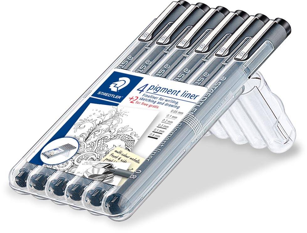 Staedtler pigment liner fineliner, ronde punt, verschillende schrijfbreedtes, etui van 4 + 2, zwart