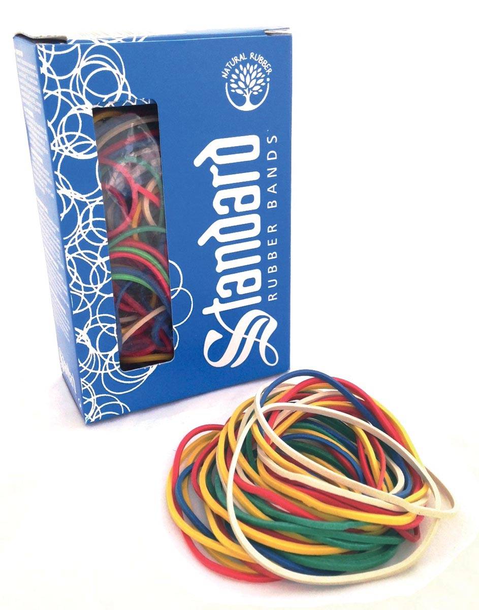 Standard elastieken 1,5/2 x 70/90 mm, geassorteerde kleuren, doos van 50 g