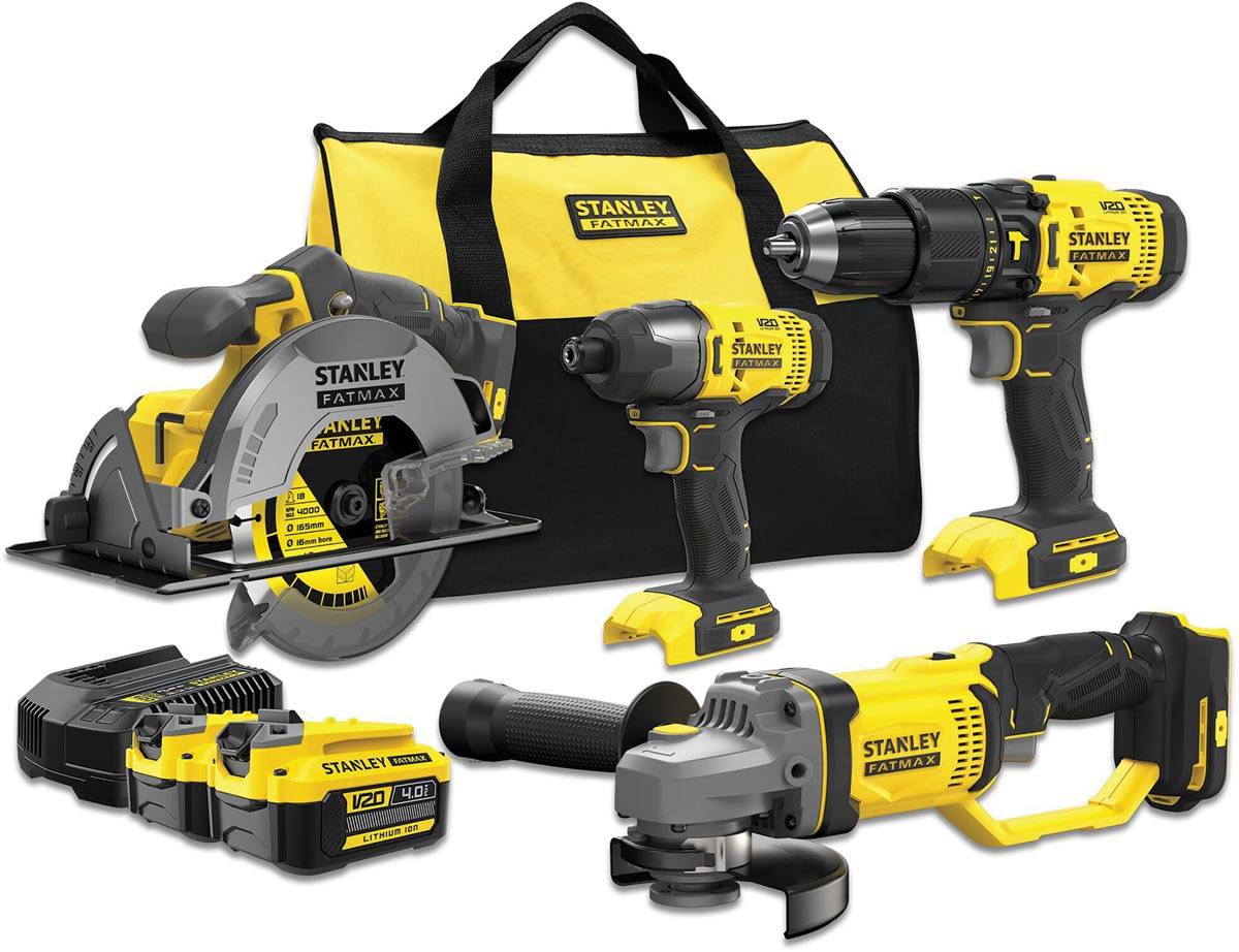 Stanley Fatmax schroefklopboor, slagschroevendraaier, cirkelzaag, haakse slijper 18V + 2 accu's + softbag