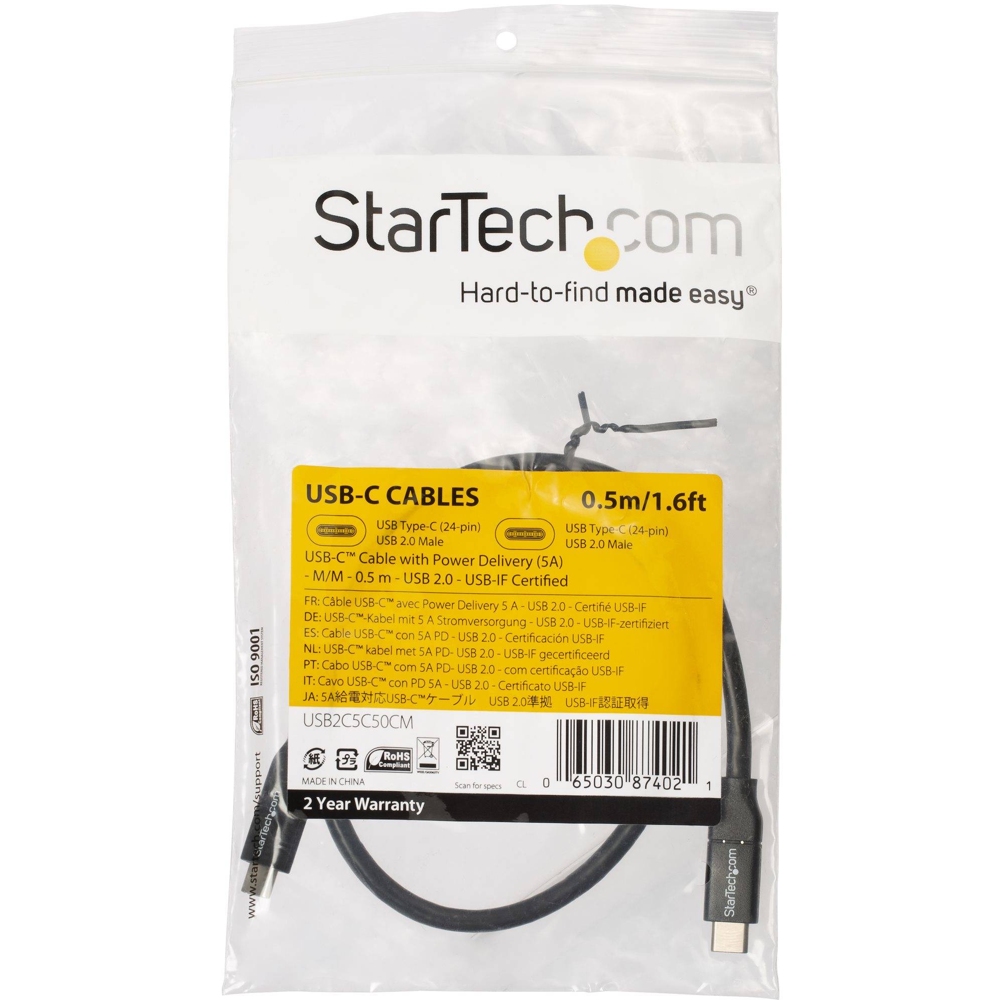 StarTech.com USB-C naar USB-C kabel met 5A/100W Power Delivery - M/M - 50 cm - USB 2.0 - USB-IF certificatie