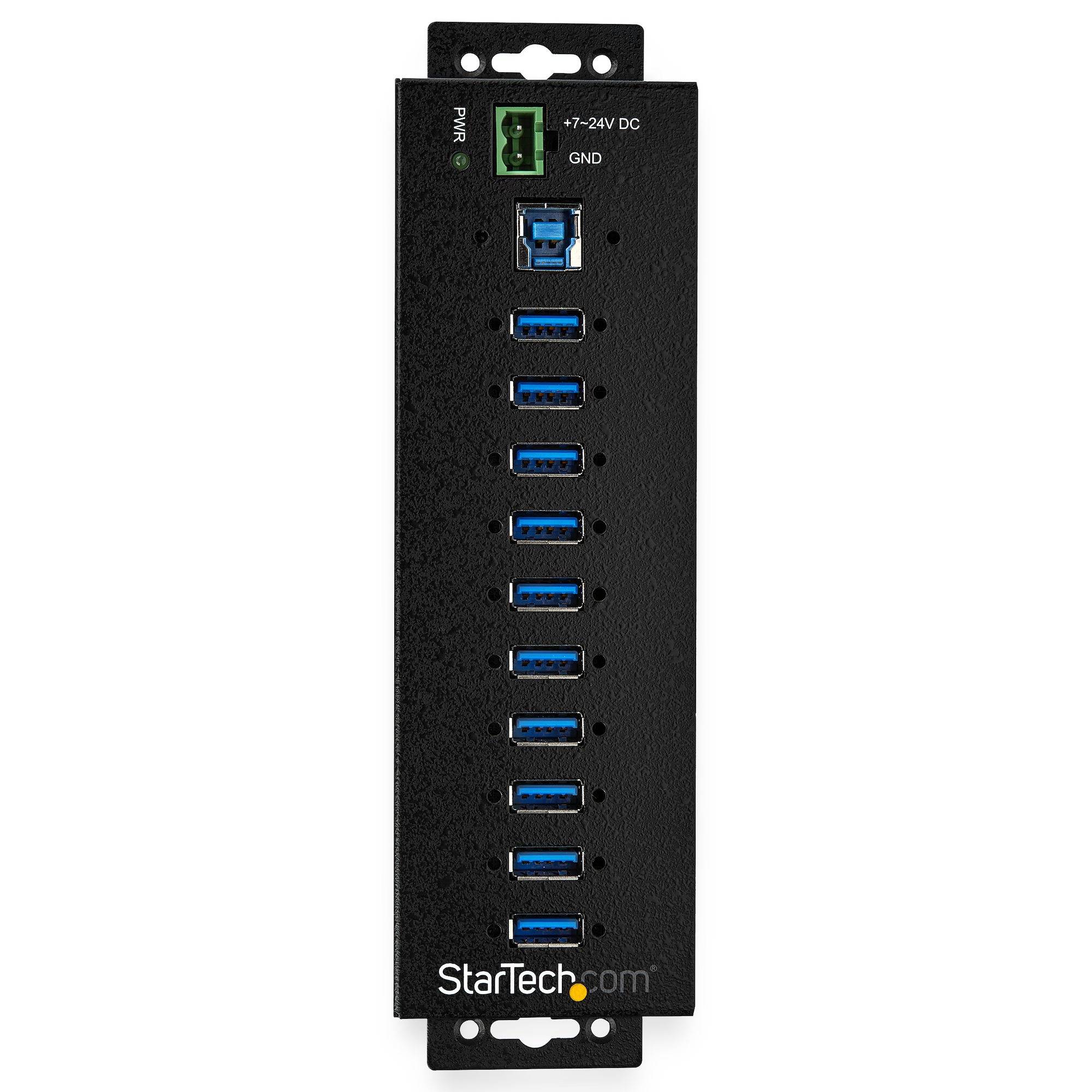 StarTech.com 10-Port USB 3.0 Hub met Power Adapter - Metalen Industriële USB-A Hub met ESD & 350W Overspanningsbeveiliging - Din Rail/Wand/Bureau Monteerbaar - High Speed USB 3.2 Gen 1 (5Gbps) Hub