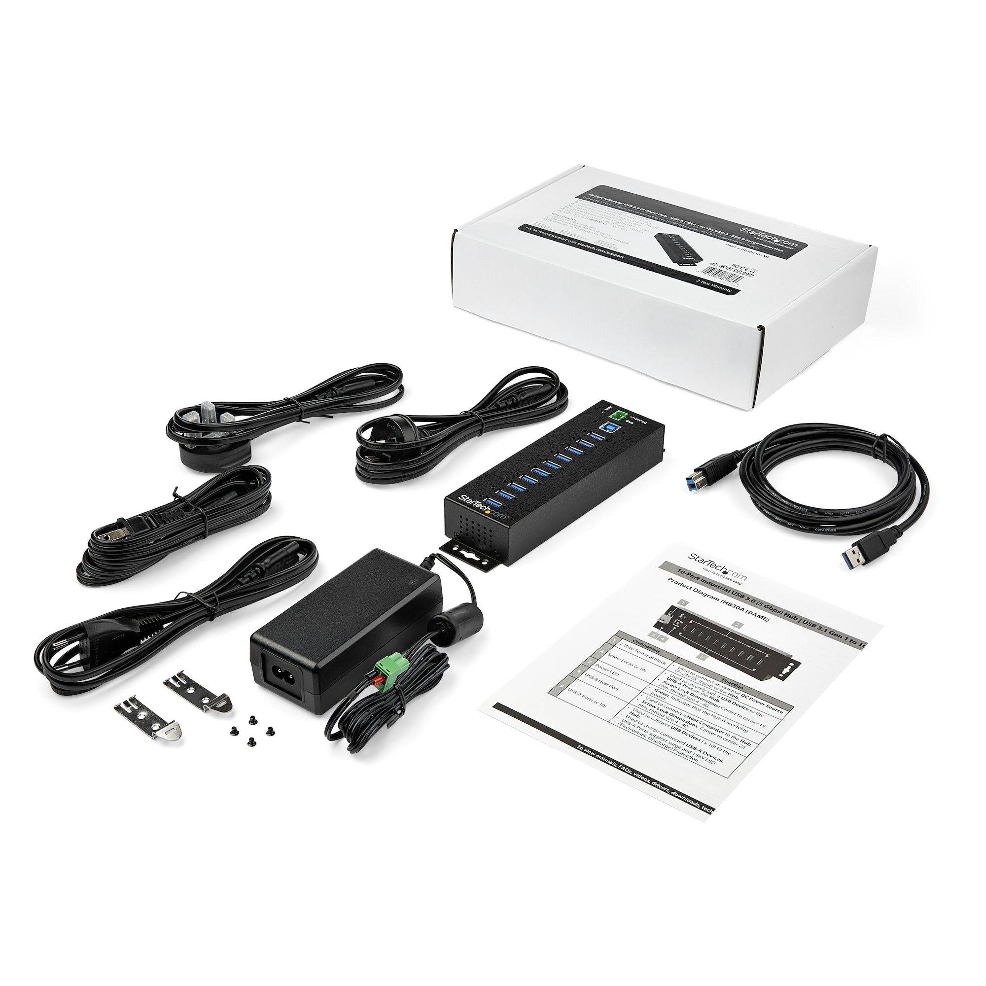 StarTech.com 10-Port USB 3.0 Hub met Power Adapter - Metalen Industriële USB-A Hub met ESD & 350W Overspanningsbeveiliging - Din Rail/Wand/Bureau Monteerbaar - High Speed USB 3.2 Gen 1 (5Gbps) Hub