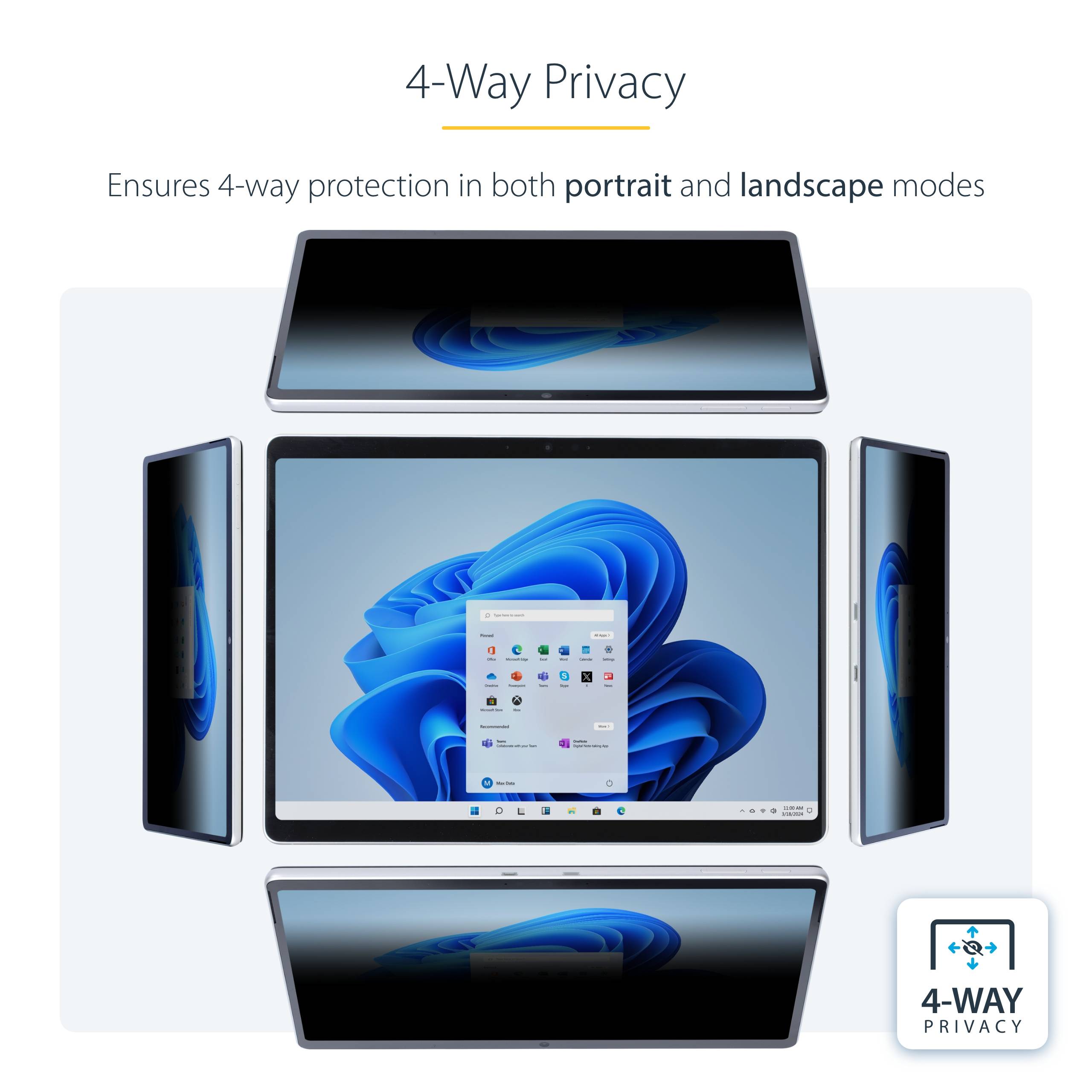 StarTech.com 4-Way 13-inch Surface Pro 8/9/X Laptop Privacy Filter, Portrait/Landscape Modes, Touch-Enabled, Anti-Glans Security Filter, +/- 30 Graden Kijkhoek, 51% Blauw Licht Vermindering