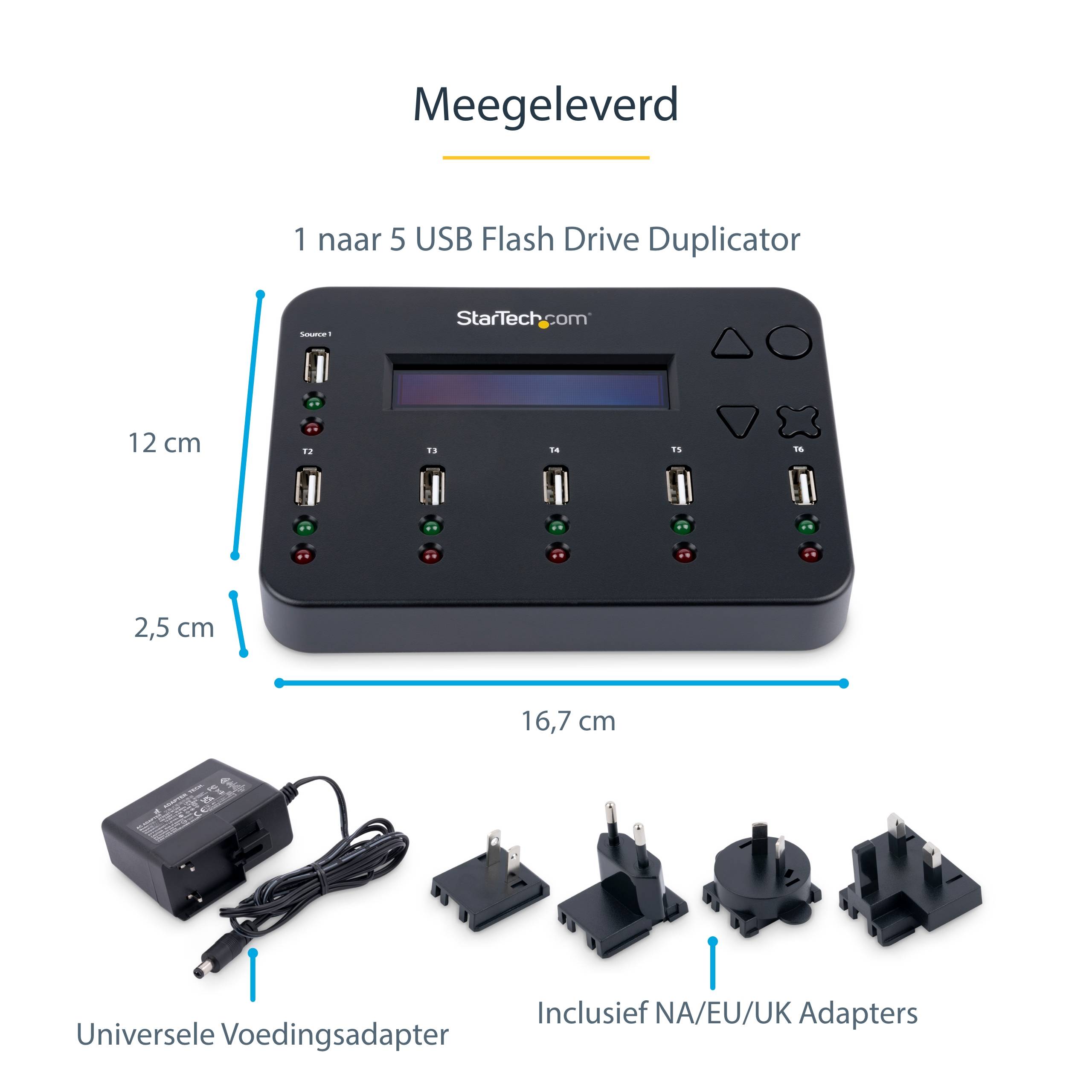 StarTech.com Standalone 1 naar 5 USB Thumb Drive Cloner en Wisser, Multiple USB Flash Drive Kloner,System/File/Whole-Drive Copy aan 1.5 GB/min, Single en 3-Pass Erase, LCD Display