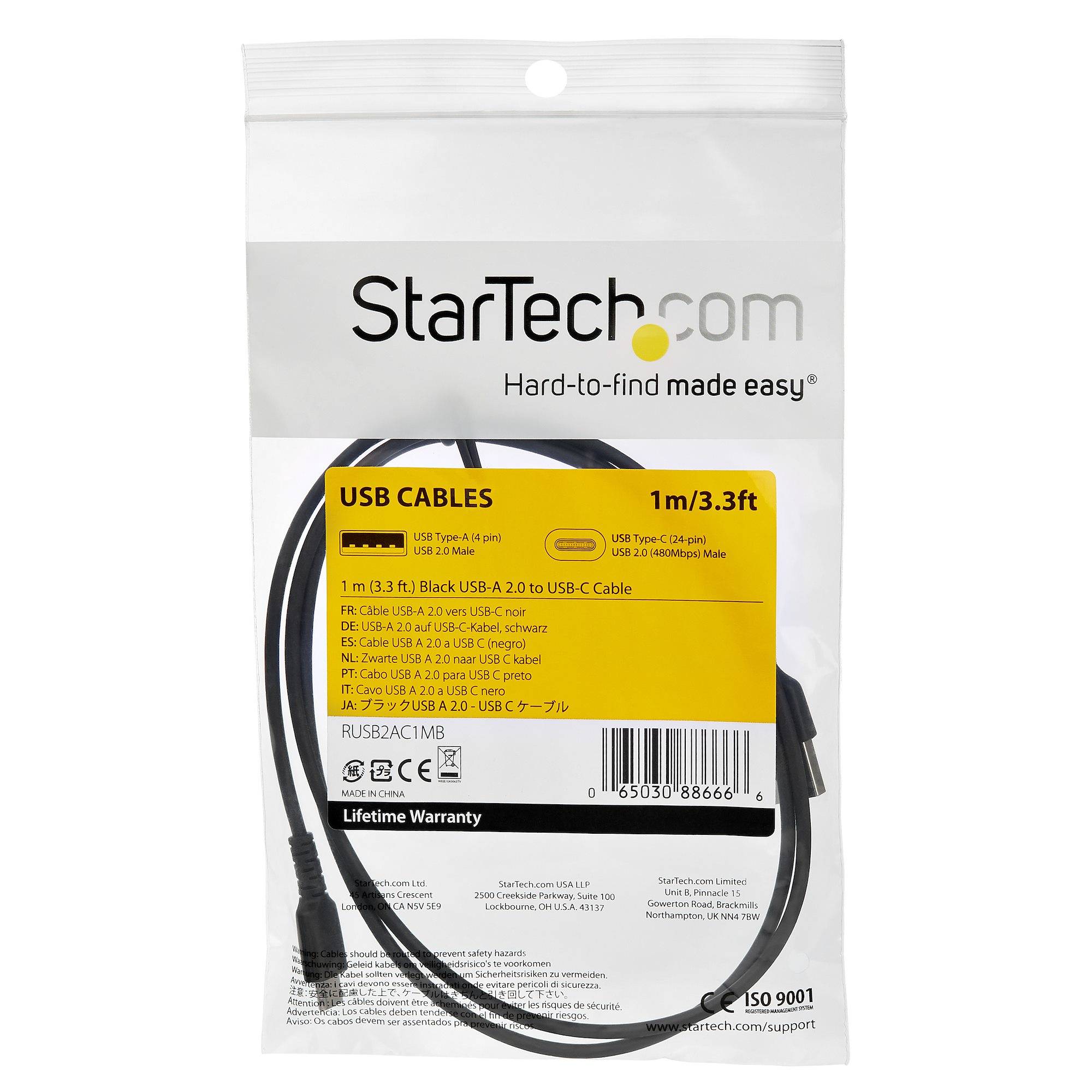 StarTech.com 1m USB-C Laadkabel, Robuuste Fast Charge & Sync Type C Kabel, 60W (3A) PD, USB 2.0, TPE Mantel en Aramidevezels - Zwarte USB Oplaadkabel